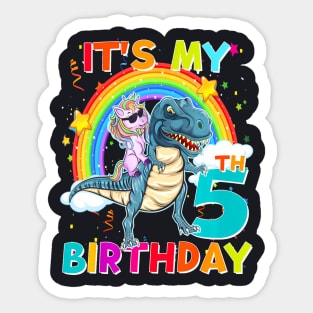 Its My 5Th Birthday Unicorn Riding T Rex Dinosaur 5 Years Sticker